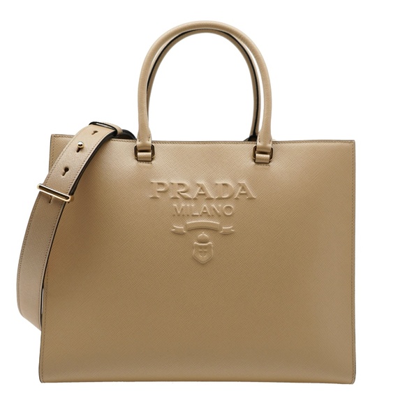 Prada Saffiano Lux Shoulder Bag Beige Leather Embossed Logo 1BA335 New - Picture 1 of 7